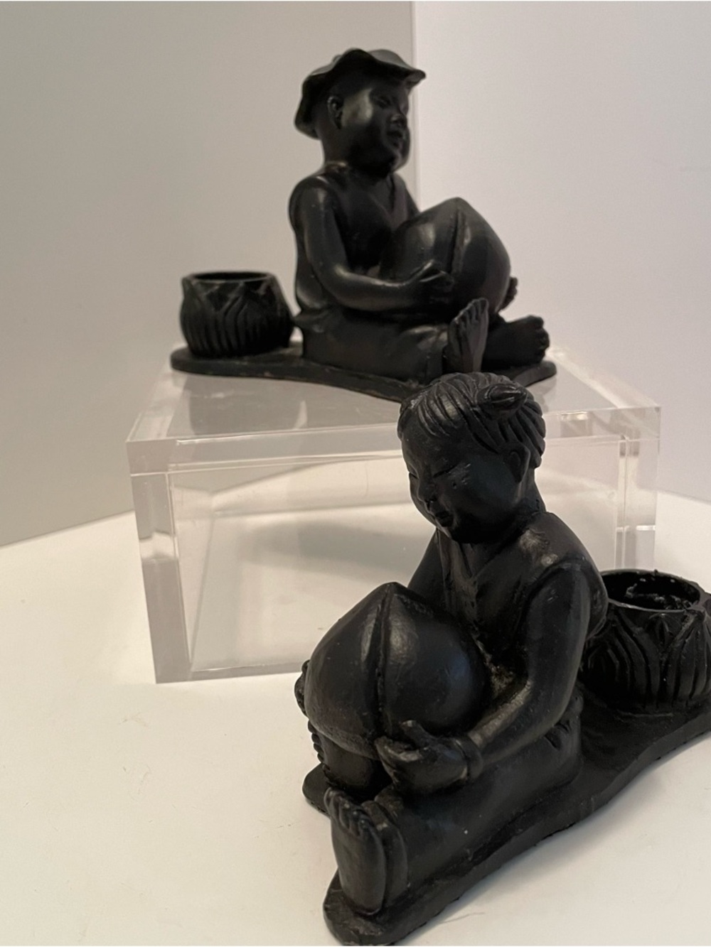 Pair Of Cast Iron Candle Holders‎ Chinese Boy And Girl Holding Fruit